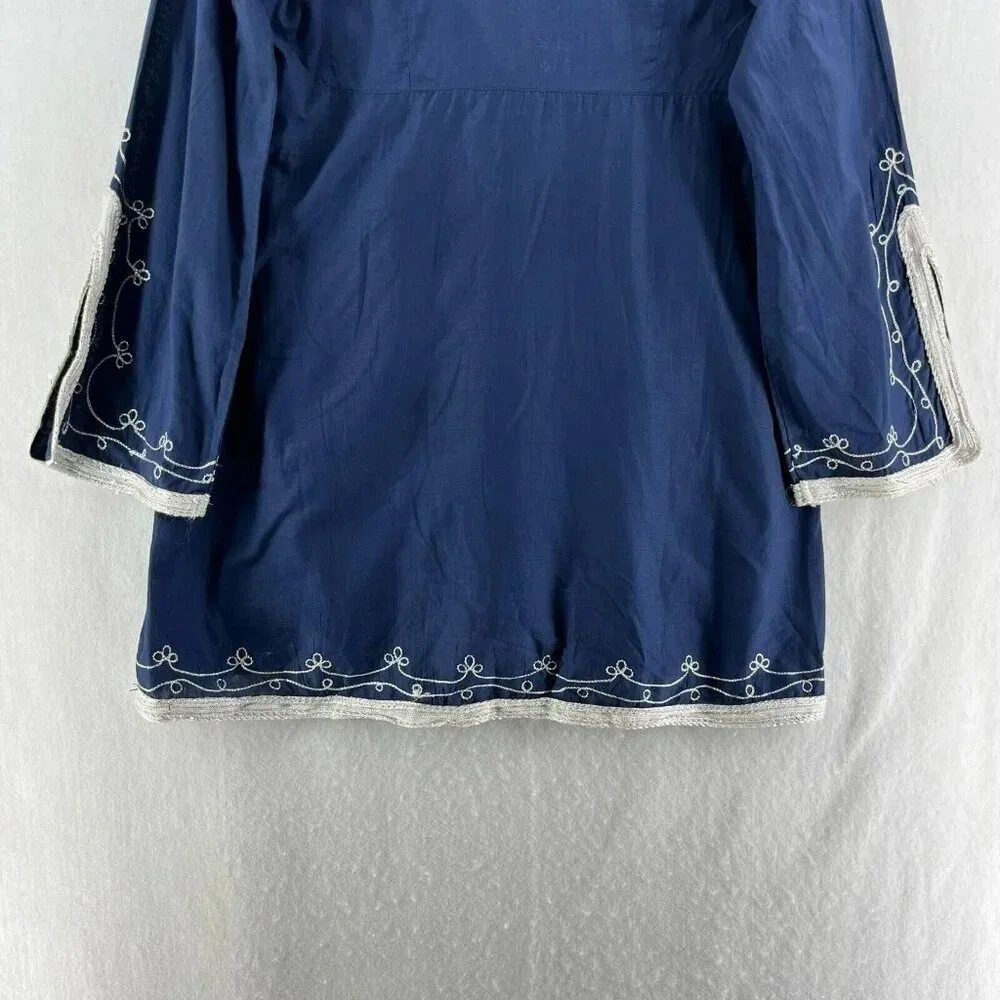 Adrienne Vittadini Dress Tunic M Blue Embroidered V Neck Flare Hem Unlined Boho - Picture 9 of 13